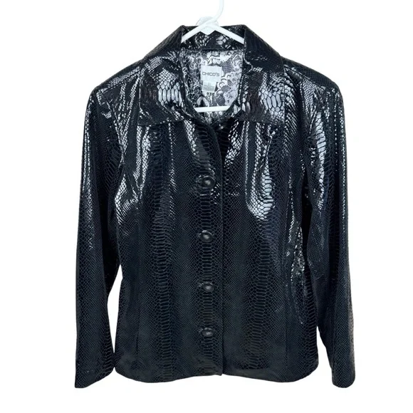 Chico’s Genuine Leather Black Snakeskin Embossed Jacket Size 1 (M/L) - Picture 1 of 7